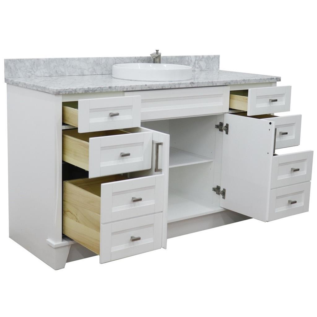 Bellaterra Terni 61" Single Vanity, White, White Carrara Marble Top/Round Sink