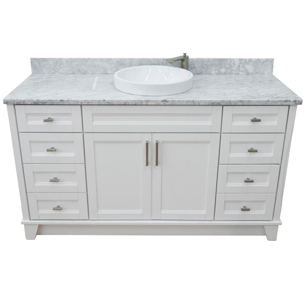 Bellaterra Terni 61" Single Vanity, White, White Carrara Marble Top/Round Sink