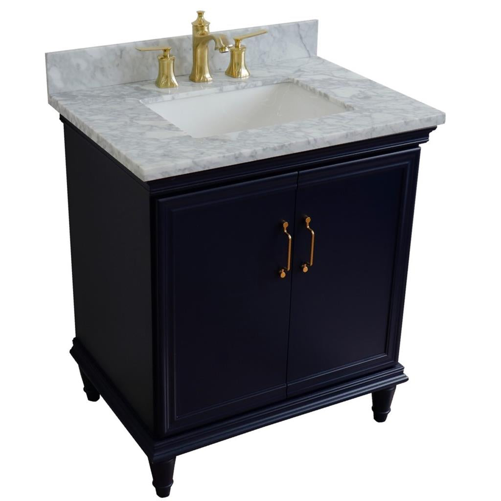 Bellaterra Forli 31" Single Vanity, Blue, White Carrara Marble Top/Rectangle Sink