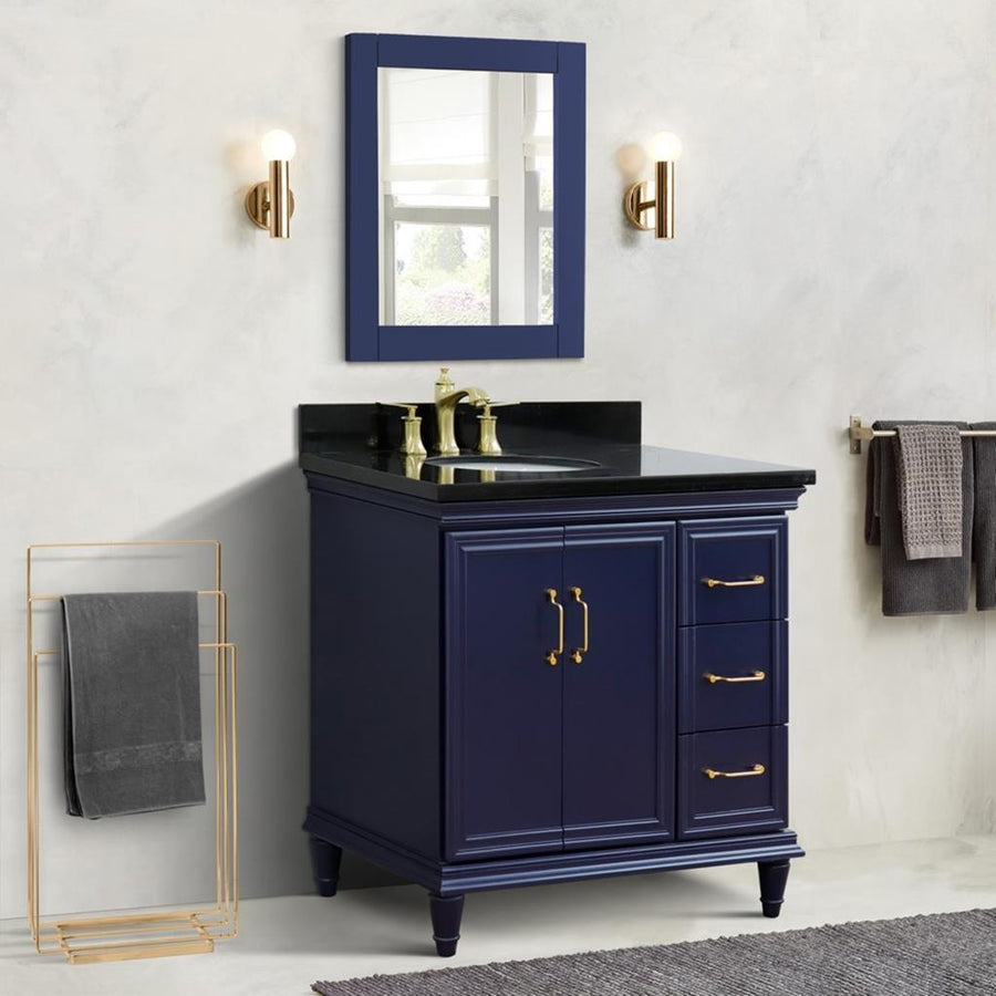 Bellaterra Home Forli 36" Blue Vanity, Door on Left, Oval Sink Black Galaxy Granite#top-options_black-galaxy-granite