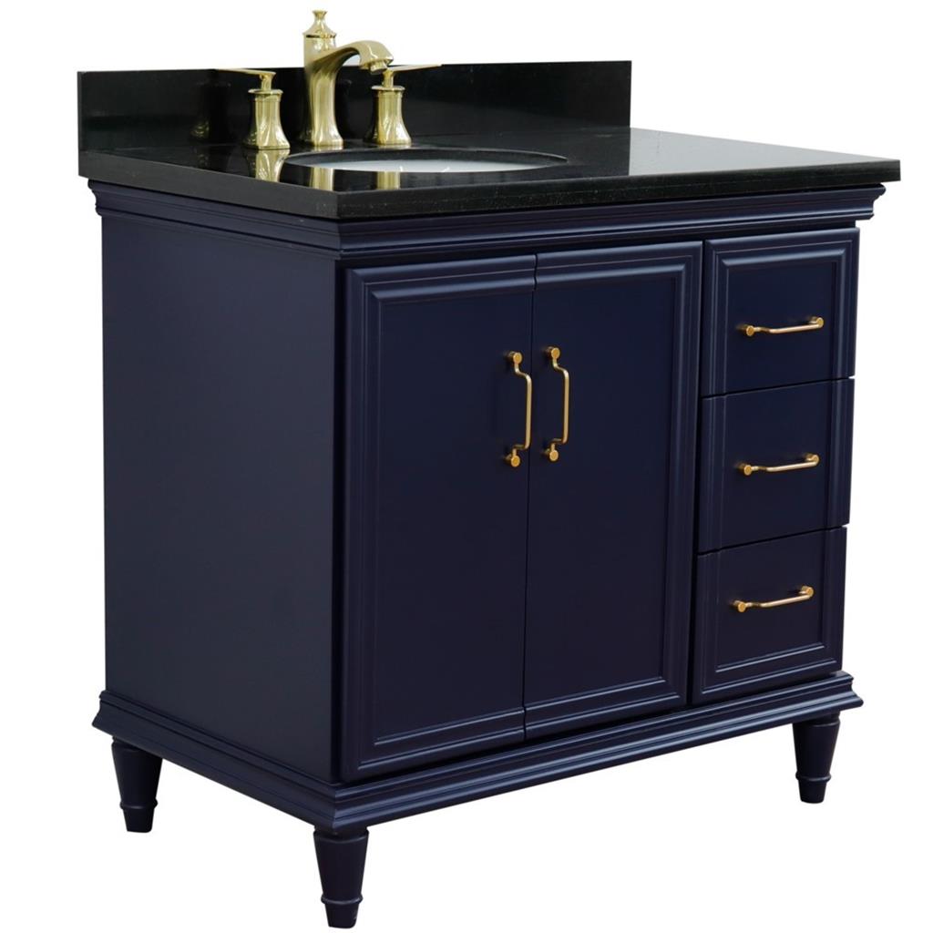 Bellaterra Forli 37" Single Vanity, Blue, Black Galaxy Granite Top/Oval Sink, Left Door/Left Sink