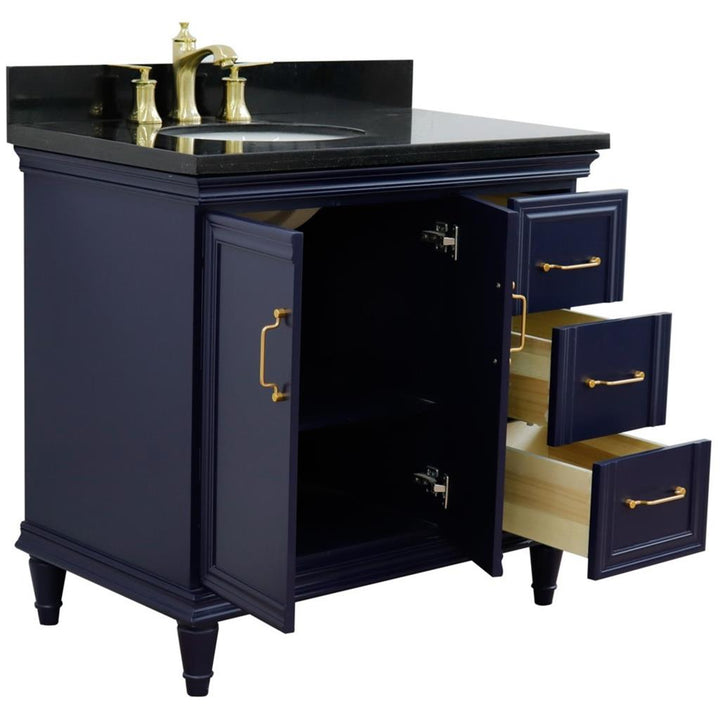 Bellaterra Forli 37" Single Vanity, Blue, Black Galaxy Granite Top/Oval Sink, Left Door/Left Sink