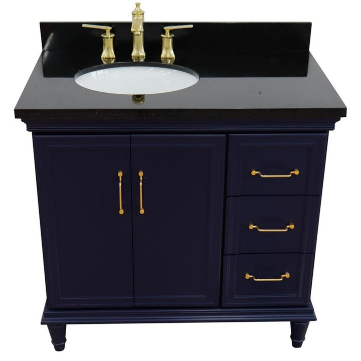 Bellaterra Forli 37" Single Vanity, Blue, Black Galaxy Granite Top/Oval Sink, Left Door/Left Sink