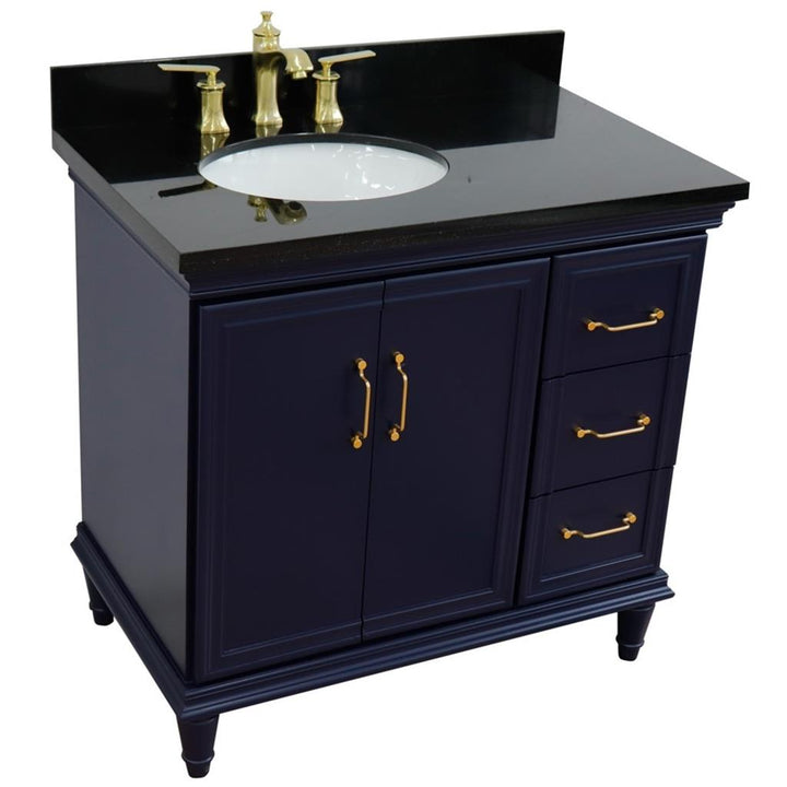 Bellaterra Forli 37" Single Vanity, Blue, Black Galaxy Granite Top/Oval Sink, Left Door/Left Sink