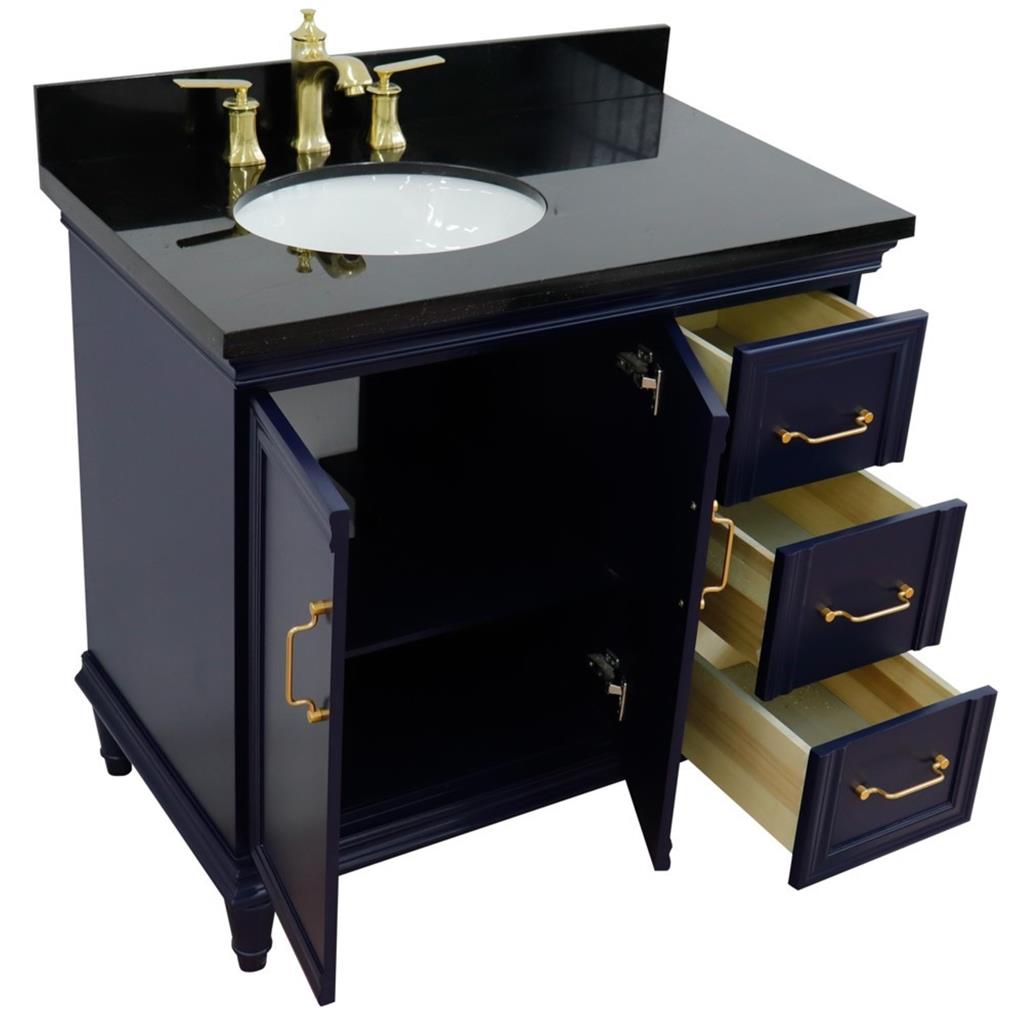 Bellaterra Forli 37" Single Vanity, Blue, Black Galaxy Granite Top/Oval Sink, Left Door/Left Sink