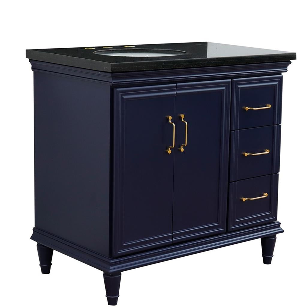 Bellaterra Forli 37" Single Vanity, Blue, Black Galaxy Granite Top/Oval Sink, Left Door/Left Sink