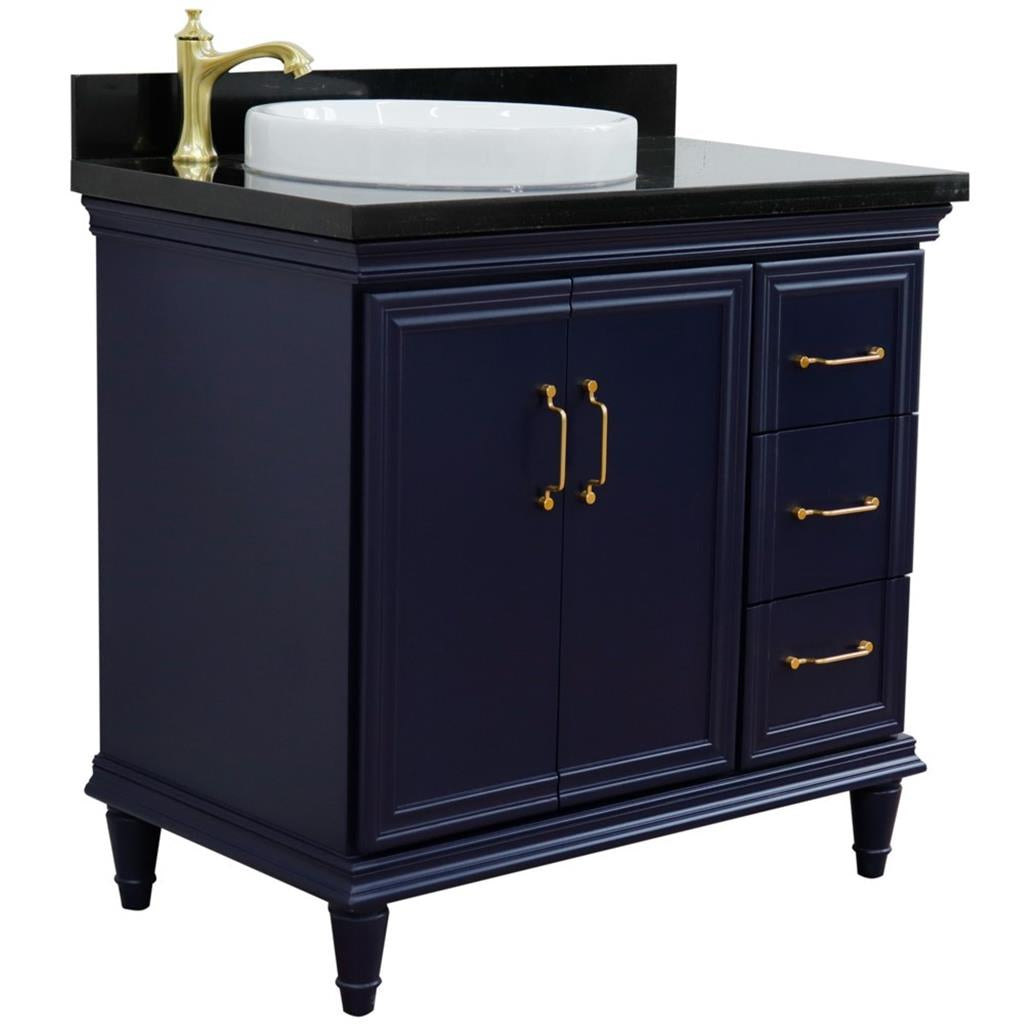 Bellaterra Forli 37" Single Vanity, Blue, Black Galaxy Granite Top/Round Sink, Left Door/Left Sink