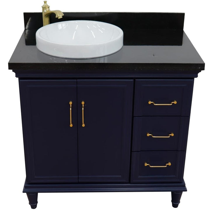 Bellaterra Forli 37" Single Vanity, Blue, Black Galaxy Granite Top/Round Sink, Left Door/Left Sink