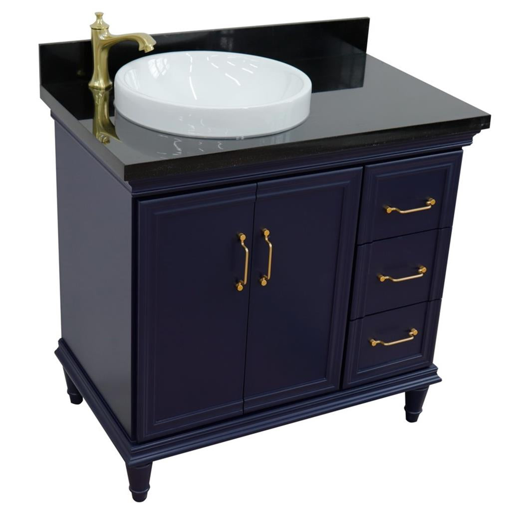 Bellaterra Forli 37" Single Vanity, Blue, Black Galaxy Granite Top/Round Sink, Left Door/Left Sink