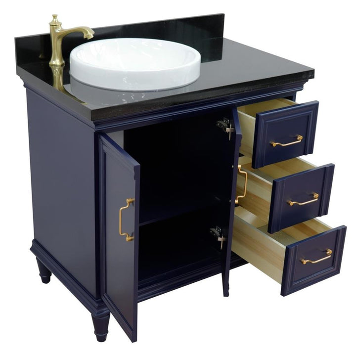 Bellaterra Forli 37" Single Vanity, Blue, Black Galaxy Granite Top/Round Sink, Left Door/Left Sink