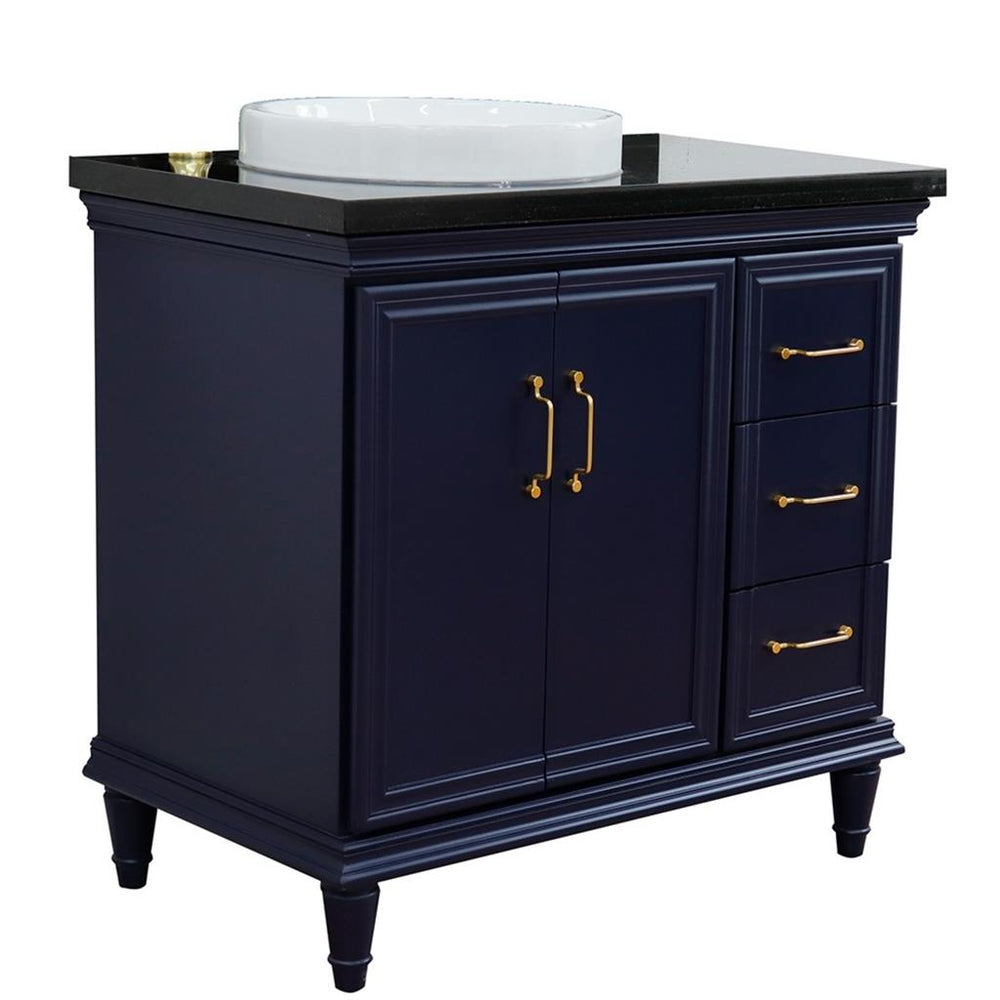 Bellaterra Forli 37" Single Vanity, Blue, Black Galaxy Granite Top/Round Sink, Left Door/Left Sink