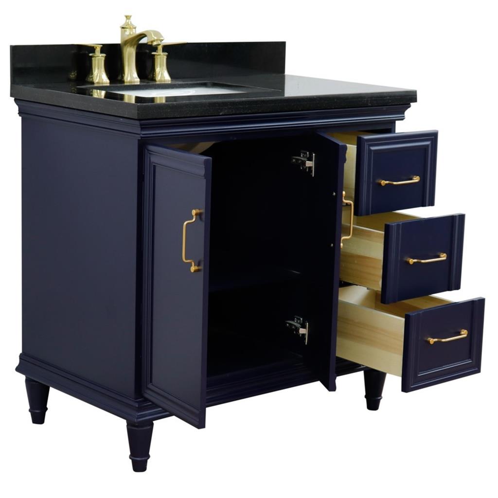 Bellaterra Forli 37" Single Vanity, Blue, Black Galaxy Granite Top/Rectangle Sink, Left Door/Left Sink