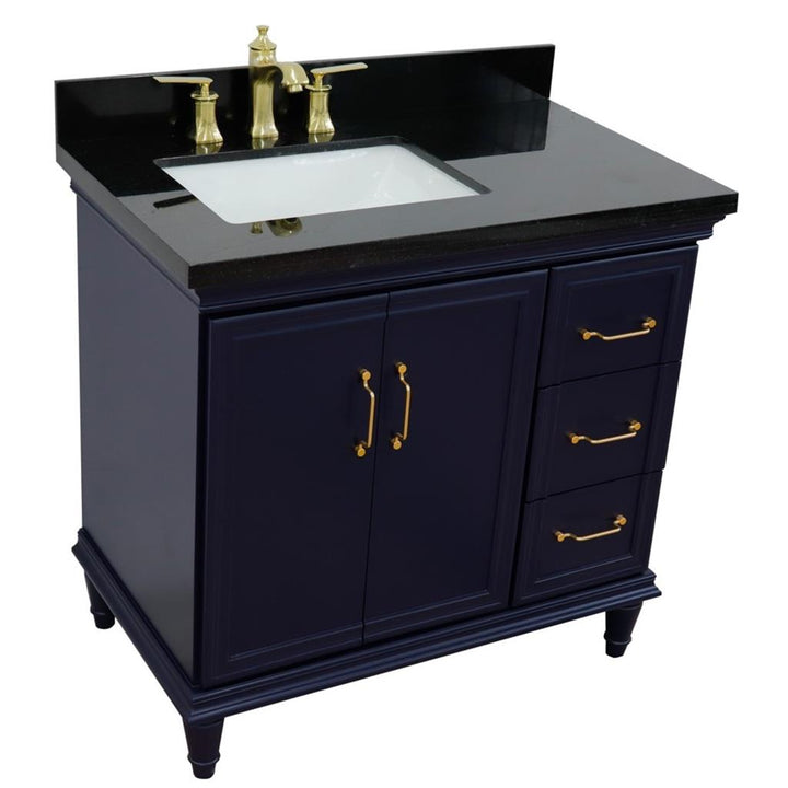 Bellaterra Forli 37" Single Vanity, Blue, Black Galaxy Granite Top/Rectangle Sink, Left Door/Left Sink