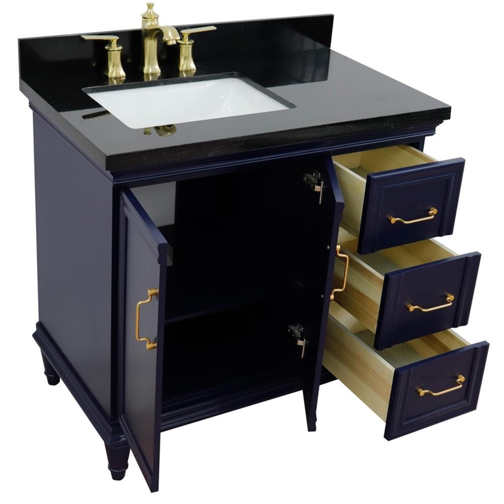 Bellaterra Forli 37" Single Vanity, Blue, Black Galaxy Granite Top/Rectangle Sink, Left Door/Left Sink