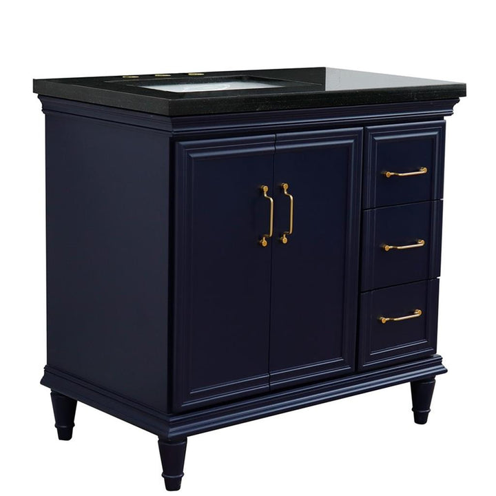 Bellaterra Forli 37" Single Vanity, Blue, Black Galaxy Granite Top/Rectangle Sink, Left Door/Left Sink