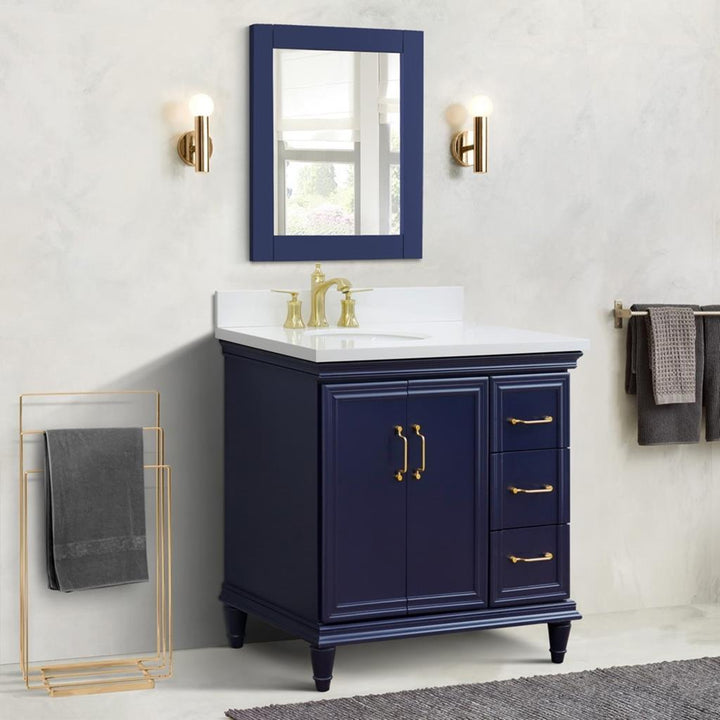 Bellaterra Forli 37" Single Vanity, Blue, White Quartz Top/Oval Sink, Left Door/Left Sink