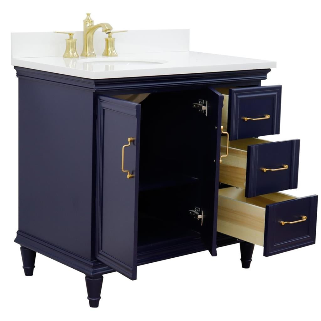 Bellaterra Forli 37" Single Vanity, Blue, White Quartz Top/Oval Sink, Left Door/Left Sink