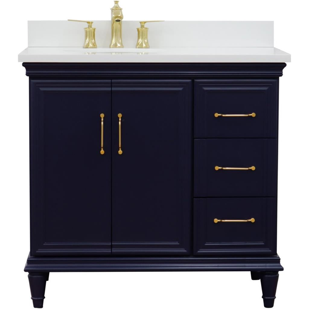 Bellaterra Forli 37" Single Vanity, Blue, White Quartz Top/Oval Sink, Left Door/Left Sink