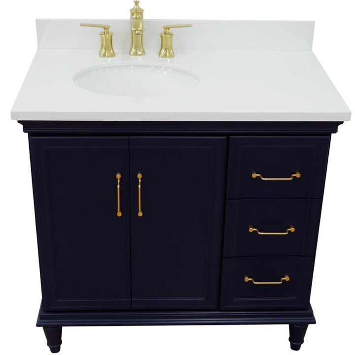 Bellaterra Forli 37" Single Vanity, Blue, White Quartz Top/Oval Sink, Left Door/Left Sink