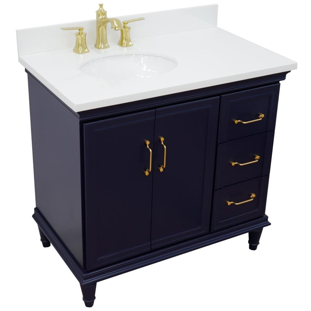 Bellaterra Forli 37" Single Vanity, Blue, White Quartz Top/Oval Sink, Left Door/Left Sink