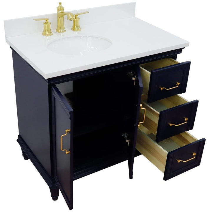 Bellaterra Forli 37" Single Vanity, Blue, White Quartz Top/Oval Sink, Left Door/Left Sink