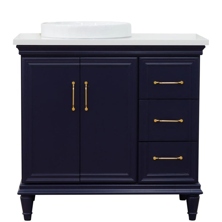 Bellaterra Forli 37" Single Vanity, Blue, White Quartz Top/Round Sink, Left Door/Left Sink