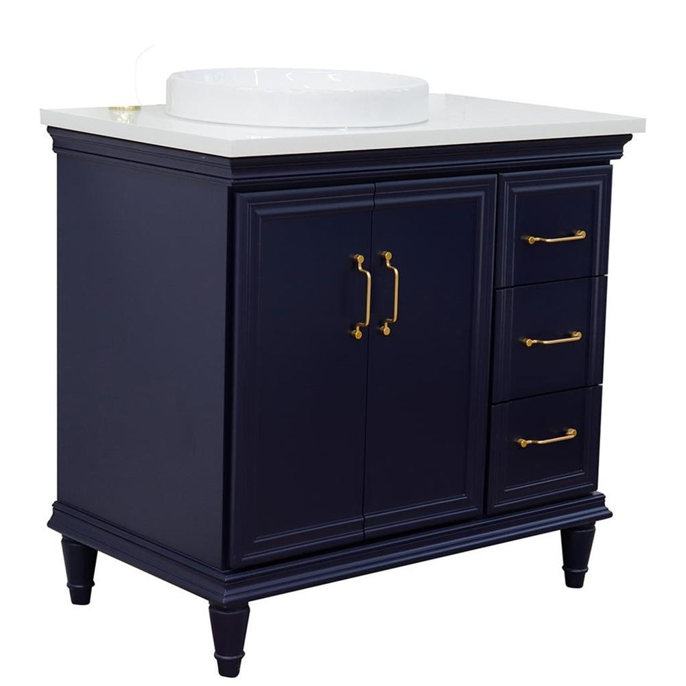 Bellaterra Forli 37" Single Vanity, Blue, White Quartz Top/Round Sink, Left Door/Left Sink