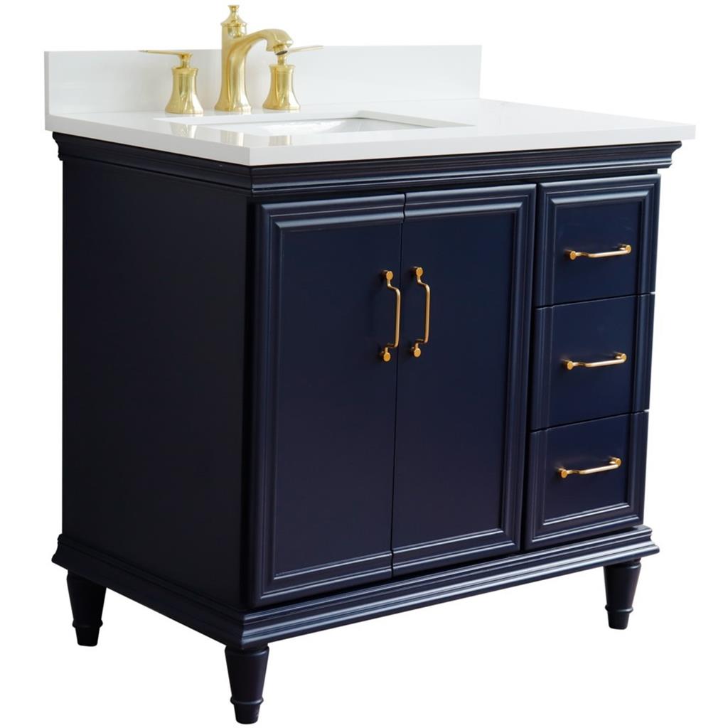 Bellaterra Forli 37" Single Vanity, Blue, White Quartz Top/Rectangle Sink, Left Door/Left Sink