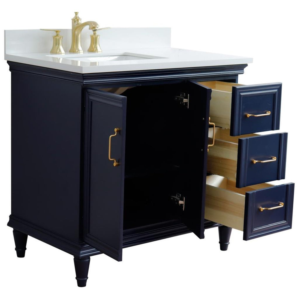 Bellaterra Forli 37" Single Vanity, Blue, White Quartz Top/Rectangle Sink, Left Door/Left Sink