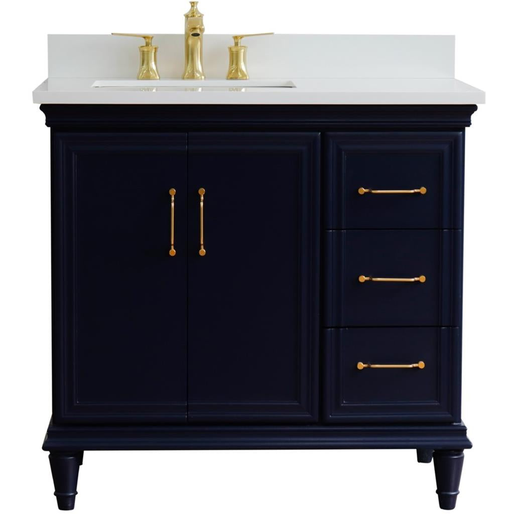 Bellaterra Forli 37" Single Vanity, Blue, White Quartz Top/Rectangle Sink, Left Door/Left Sink