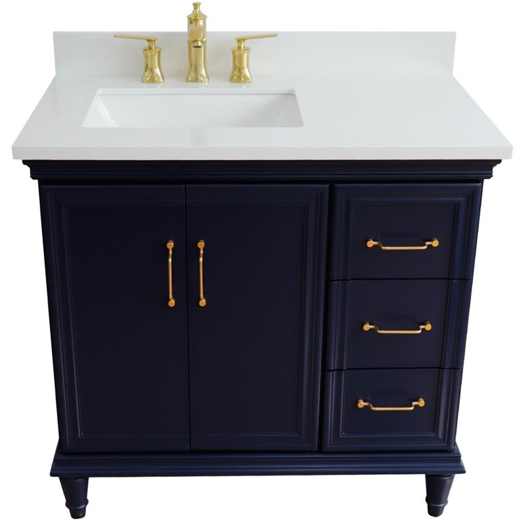 Bellaterra Forli 37" Single Vanity, Blue, White Quartz Top/Rectangle Sink, Left Door/Left Sink