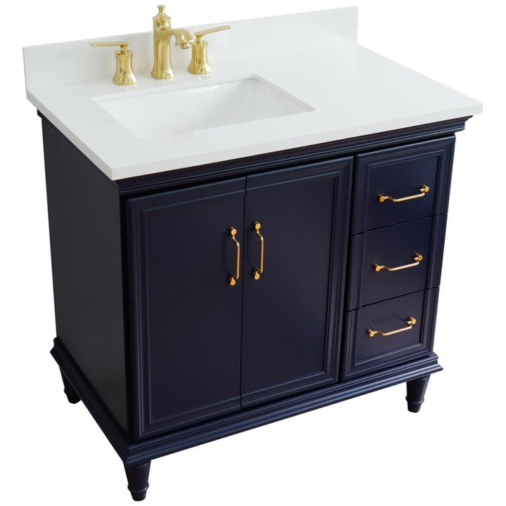 Bellaterra Forli 37" Single Vanity, Blue, White Quartz Top/Rectangle Sink, Left Door/Left Sink