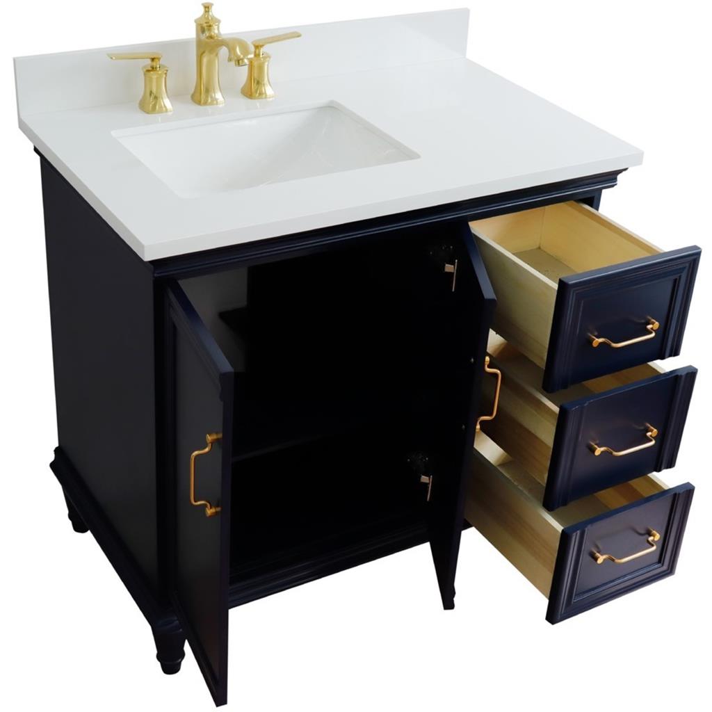 Bellaterra Forli 37" Single Vanity, Blue, White Quartz Top/Rectangle Sink, Left Door/Left Sink