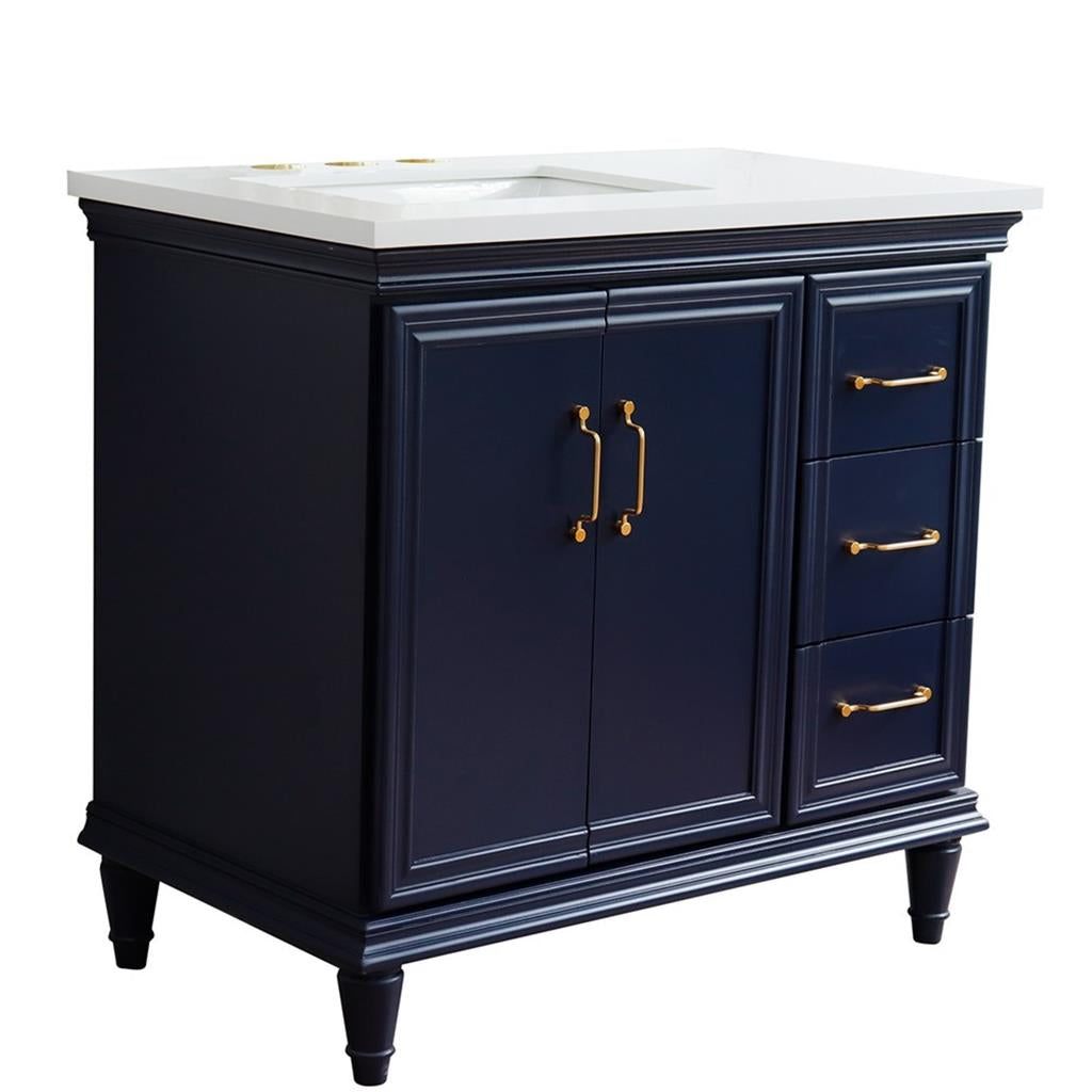 Bellaterra Forli 37" Single Vanity, Blue, White Quartz Top/Rectangle Sink, Left Door/Left Sink