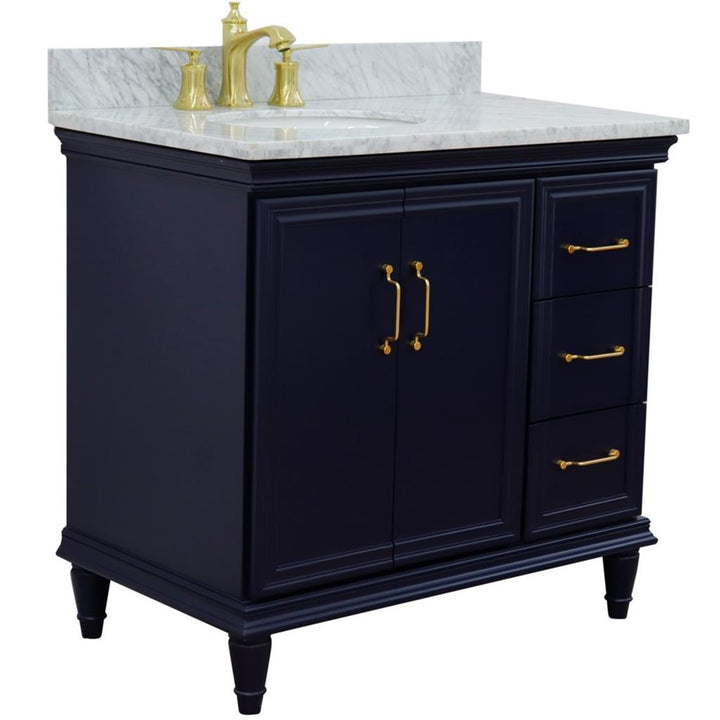 Bellaterra Forli 37" Single Vanity, Blue, White Carrara Marble Top/Oval Sink, Left Door/Left Sink