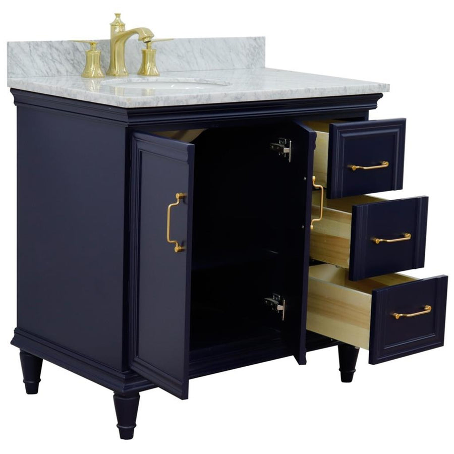 Bellaterra Forli 37" Single Vanity, Blue, White Carrara Marble Top/Oval Sink, Left Door/Left Sink