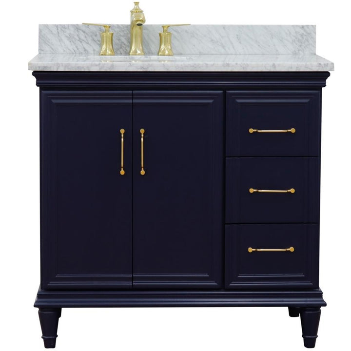 Bellaterra Forli 37" Single Vanity, Blue, White Carrara Marble Top/Oval Sink, Left Door/Left Sink