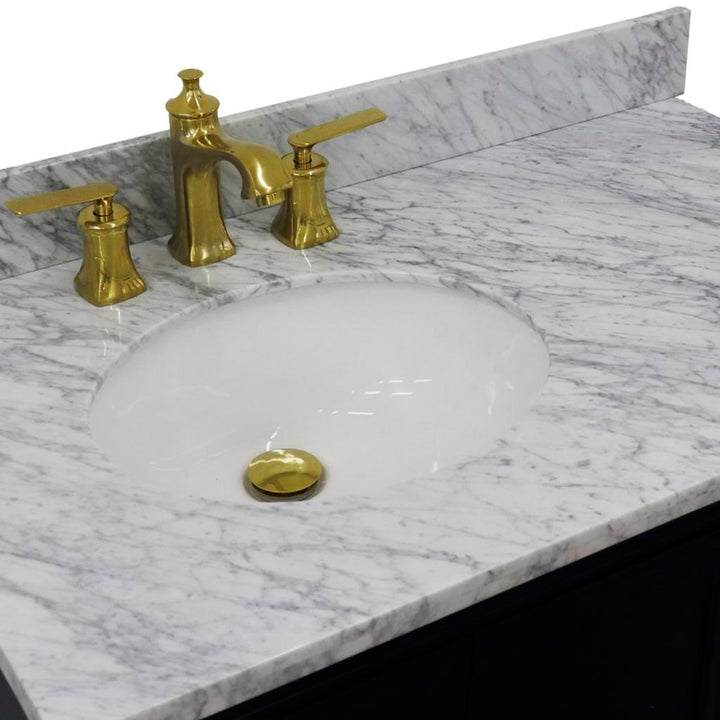 Bellaterra Forli 37" Single Vanity, Blue, White Carrara Marble Top/Oval Sink, Left Door/Left Sink