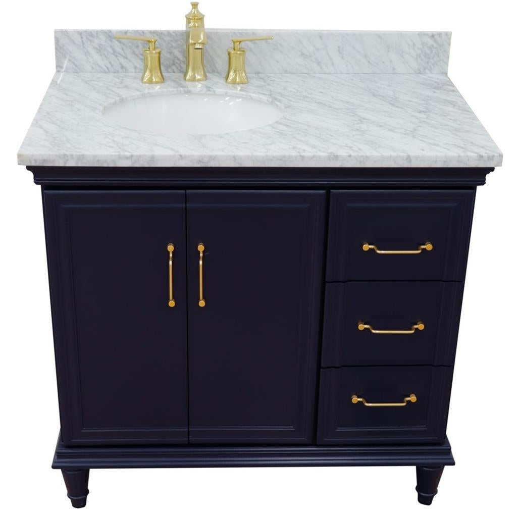 Bellaterra Forli 37" Single Vanity, Blue, White Carrara Marble Top/Oval Sink, Left Door/Left Sink