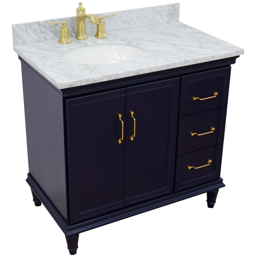 Bellaterra Forli 37" Single Vanity, Blue, White Carrara Marble Top/Oval Sink, Left Door/Left Sink