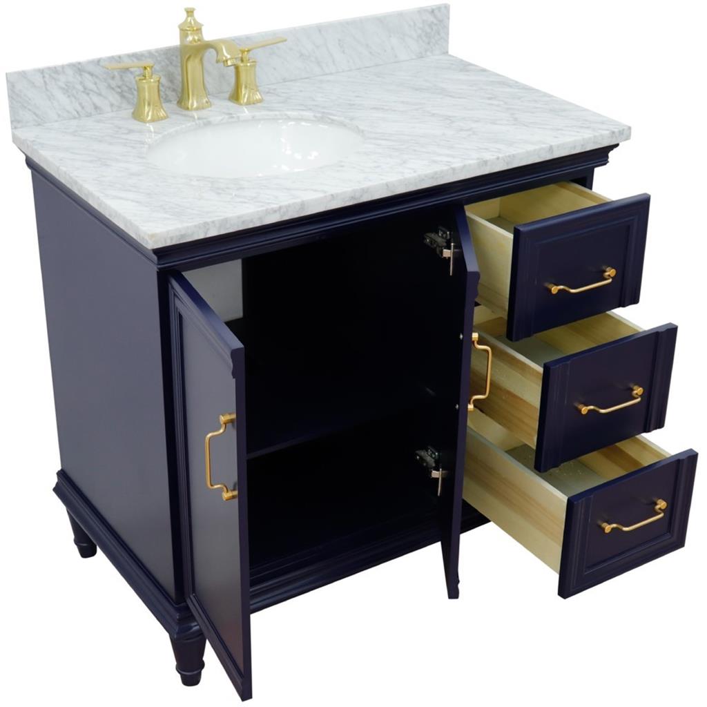 Bellaterra Forli 37" Single Vanity, Blue, White Carrara Marble Top/Oval Sink, Left Door/Left Sink