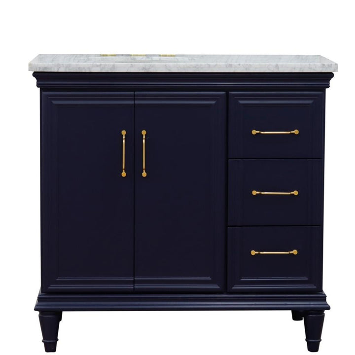 Bellaterra Forli 37" Single Vanity, Blue, White Carrara Marble Top/Oval Sink, Left Door/Left Sink