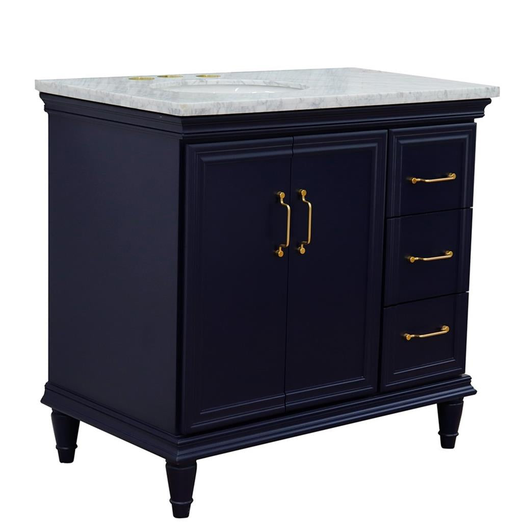 Bellaterra Forli 37" Single Vanity, Blue, White Carrara Marble Top/Oval Sink, Left Door/Left Sink