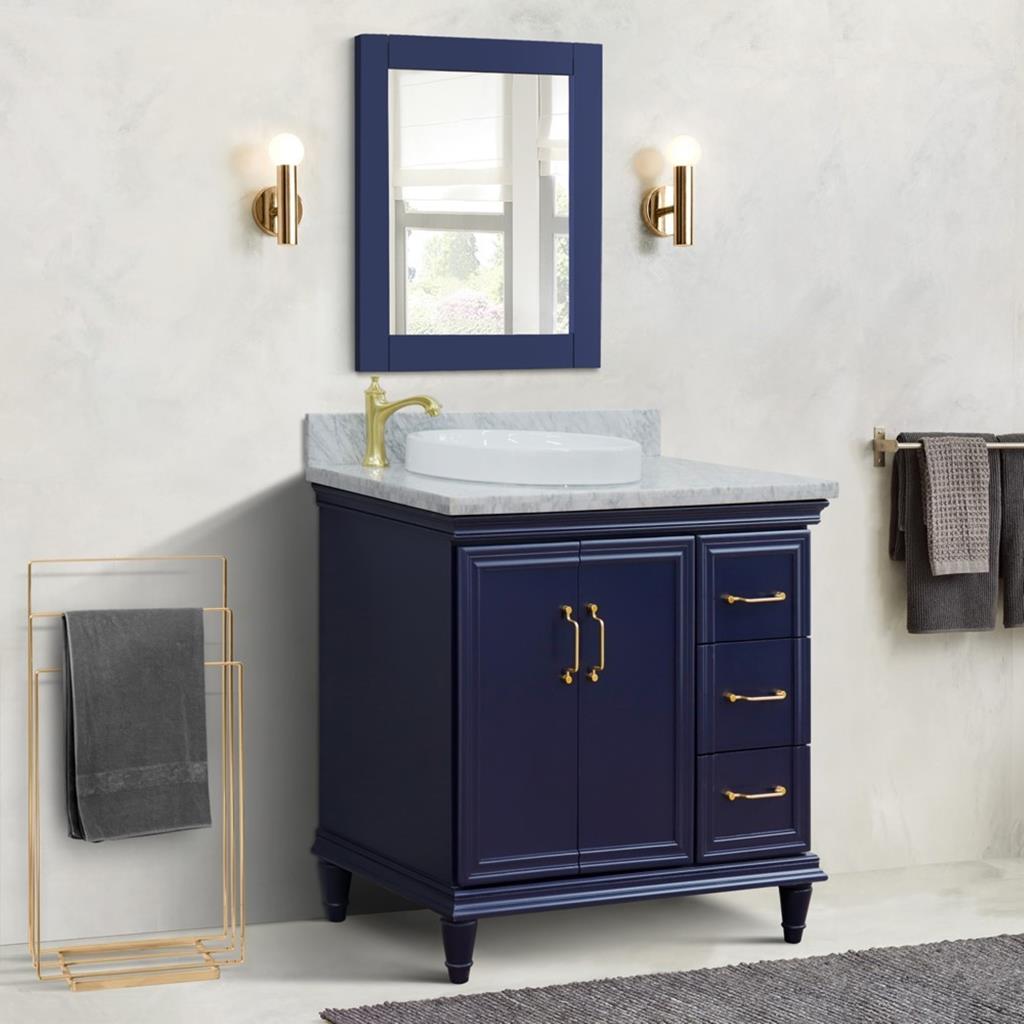 Bellaterra Forli 37" Single Vanity, Blue, White Carrara Marble Top/Round Sink, Left Door/Left Sink