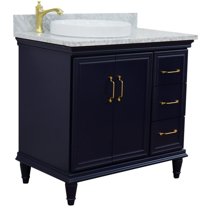 Bellaterra Forli 37" Single Vanity, Blue, White Carrara Marble Top/Round Sink, Left Door/Left Sink