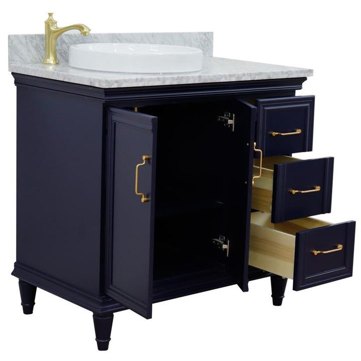 Bellaterra Forli 37" Single Vanity, Blue, White Carrara Marble Top/Round Sink, Left Door/Left Sink