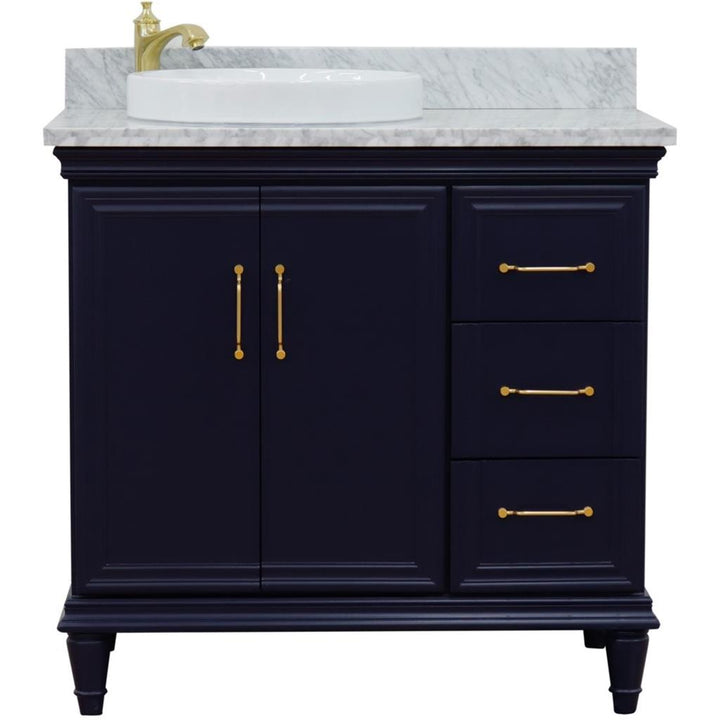 Bellaterra Forli 37" Single Vanity, Blue, White Carrara Marble Top/Round Sink, Left Door/Left Sink