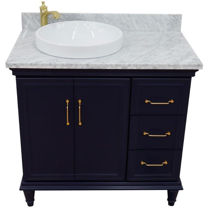 Bellaterra Forli 37" Single Vanity, Blue, White Carrara Marble Top/Round Sink, Left Door/Left Sink