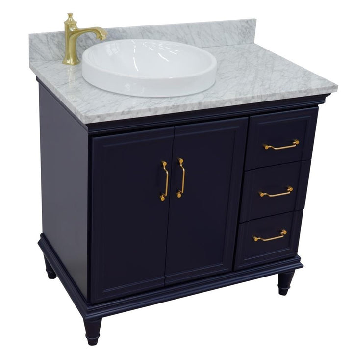 Bellaterra Forli 37" Single Vanity, Blue, White Carrara Marble Top/Round Sink, Left Door/Left Sink