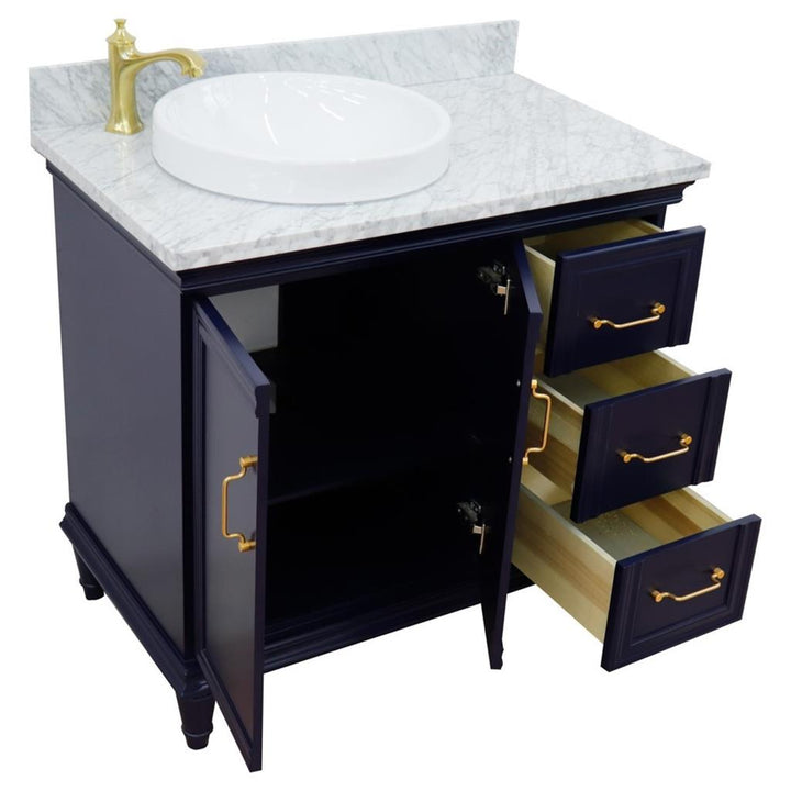 Bellaterra Forli 37" Single Vanity, Blue, White Carrara Marble Top/Round Sink, Left Door/Left Sink